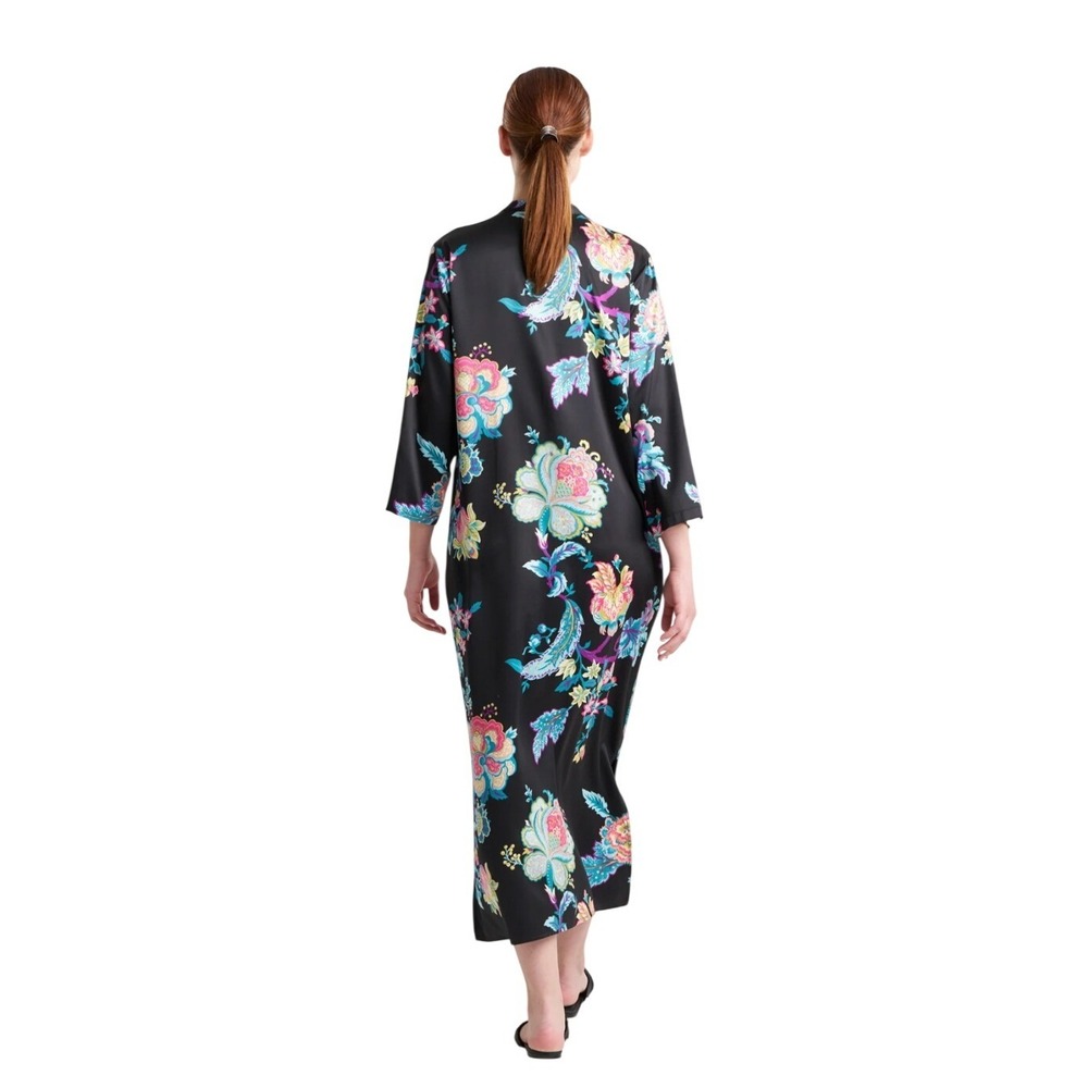 Natori Festival Satin Zip Caftan Black Floral 3/4 Sleeve Maxi Size Small - Picture 2 of 10